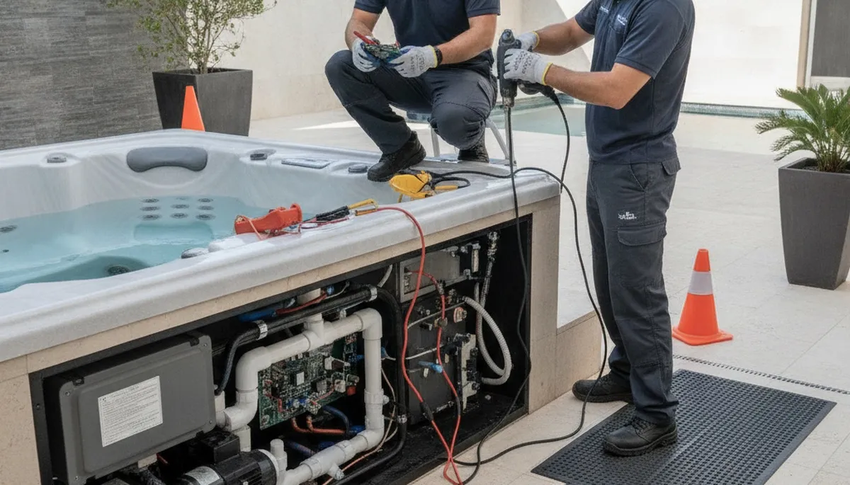 Spa repair technician servicing a Wilmington, NC spa for On Call Plumbers