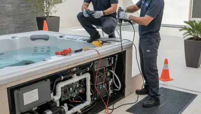 Spa repair technician servicing a Wilmington, NC spa for On Call Plumbers